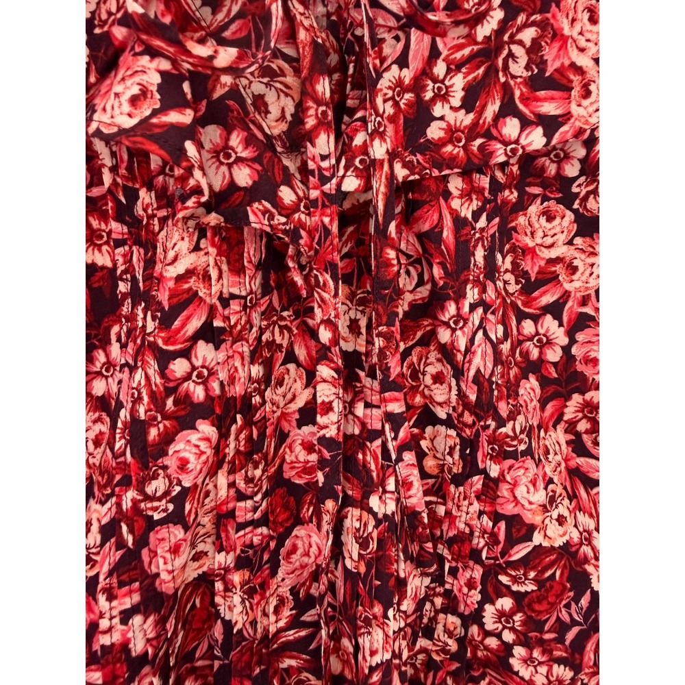 Talbots Petite Red Floral Pintuck Ruffle Tie Neck Cotton Blouse SP Womens - Picture 6 of 8